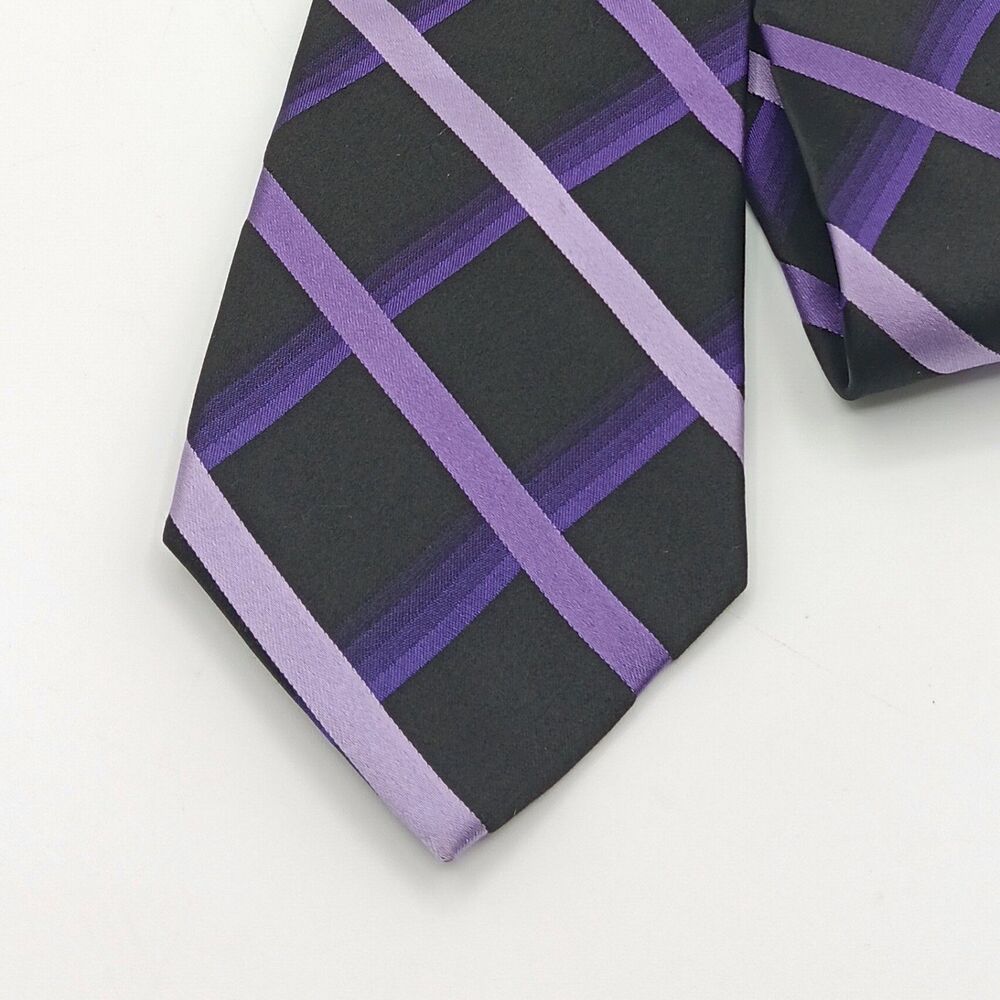 Croft & Barrow Silk Tie Mens 61.5” Black Purple Plaid Designer Classic Preppy Ne